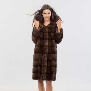 Lussuoso <span class=keywords><strong>Cappotto</strong></span> Lungo in <span class=keywords><strong>Visone</strong></span> Saga Marrone Naturale da Donna <span class=keywords><strong>con</strong></span> <span class=keywords><strong>Cappuccio</strong></span>, Fodera Invernale in Poliestere, Lavorazione Grezza - Product Image 3