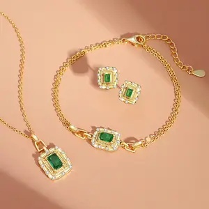 SANKYLIN Wholesale women's jade Zircon necklace bracelet earrings 18k gold plated stainless steel jewelry set