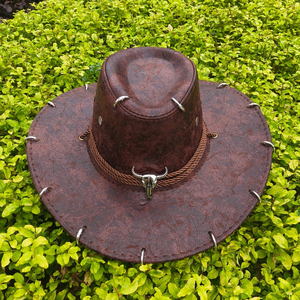여성 남성을 위한 금속 링이 있는 서양식 와이드 브림 PU 가죽 카우보이 모자 - Product Image 6