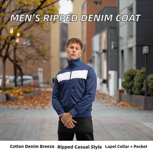 เสื้อแจ็คเก็ตผู้ชายทรงหลวมแบบมีรูขาดๆ สีกรมท่า คอตั้ง ซิปหน้า สไตล์ลำลอง สีตัดต่อ แนวสปอร์ต เสื้อคลุมสำหรับฤดูใบไม้ร่วง - Product Image 2