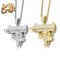 Pendentif pistolet goutte d'eau en cuivre artisanal DC Drip Hip-Hop, incrusté de zircon, motif UZI, fait main, argent/or