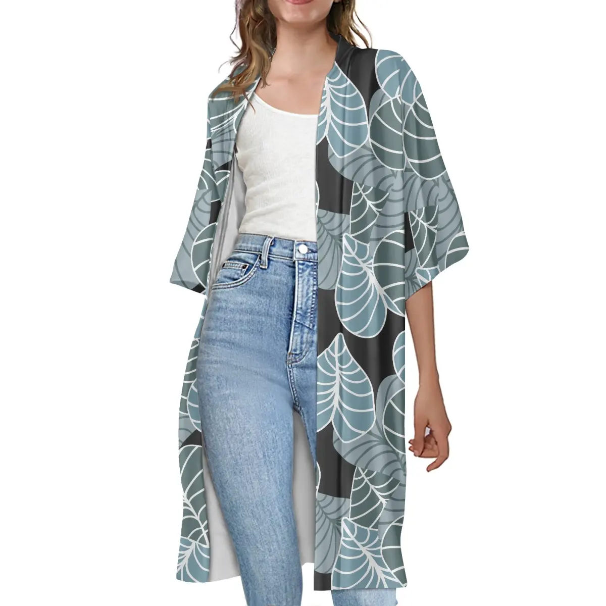Niedriger Preis Benutzer definierte Hawaii Damen Kurzarm Umhang Casual Cardigan Mantel Taro Blätter Kunstdruck Flowy Beach Cloak