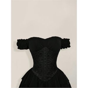 Women's Off Shoulder Corset Dress Ruffle Hem <b>Lace</b> Up Mini Gothic Lolita Outfit Satin High Low Silhouette - Product Image 5