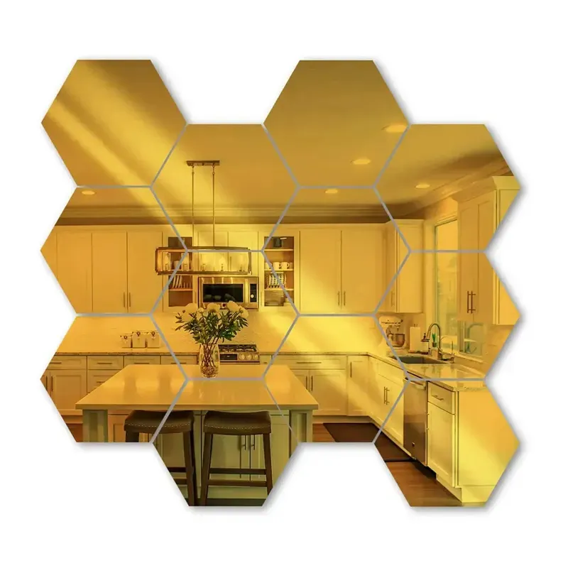 Decoración rústica para el hogar hexágono dorado maquillaje lujo moderno baño pared pegatina espejos decoración sala de estar espejo adhesivo