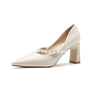 Escarpins Mary Jane à bout pointu, talon carré, en satin avec bride perlée, chaussures de mariage, talon haut 5cm 8cm, couleur unie, tendance mode - Product Image 5