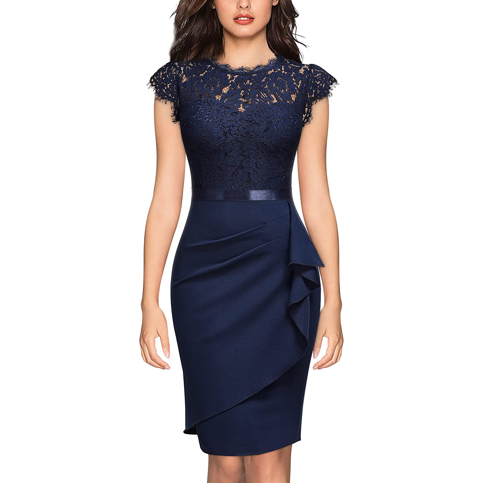 Women's Lace Sheath Dress, Elegant Cocktail Party Dress, Formal Bodycon Pencil Dress Satin Waistband, Lace Overlay