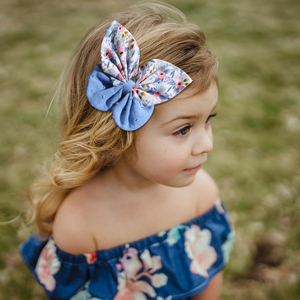 CN 2 uds 5 pulgadas tela grande azul moda lazo para el pelo estampado hecho a mano flor niña mariposa pinza de pelo para niños niñas - Product Image 5