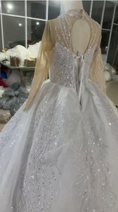 Venta al por mayor África vestido de novia vestido de baile totalmente con cuentas de encaje de manga larga personalizado Catedral tren brillo princesa vestido de novia 2025 - Product Image 5