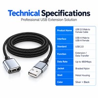 Kabel Ekstensi USB 2.0 Male to Female Stabilitas Tinggi, Jalinan Nilon, Cangkang Logam Tahan Lama untuk Periferal USB, Penggunaan Kantor dan Rumah