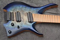 2025 nouvelles frettes ventilées 7 cordes guitare électrique sans tête bleu rafale couleur manche en érable rôti