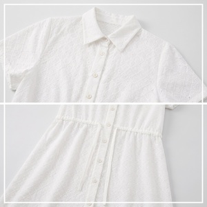 Robe chemise en coton blanc pour femme, manches courtes, col polo, boutonnée devant, taille à cordon, style minimaliste, printemps été, tenue décontractée - Product Image 4