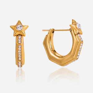 Boucles d'oreilles Star Huggie en acier inoxydable doré avec incrustation de cristaux, design géométrique, pour usage quotidien - Product Image 1