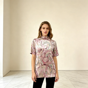 T-shirt décontracté et confortable à <span class=keywords><strong>col</strong></span> <span class=keywords><strong>roulé</strong></span>, motif floral, anti-plis, anti-boulochage, respirant, en spandex, manches classiques - Product Image 1