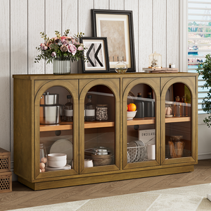 Modern Solid Wood 4-Door <b>Sideboard</b> with Glass Doors and Adjustable Shelves Eco-Friendly & Durable Storage for <b>Kitchen</b> (2 Ft) - Product Image 1