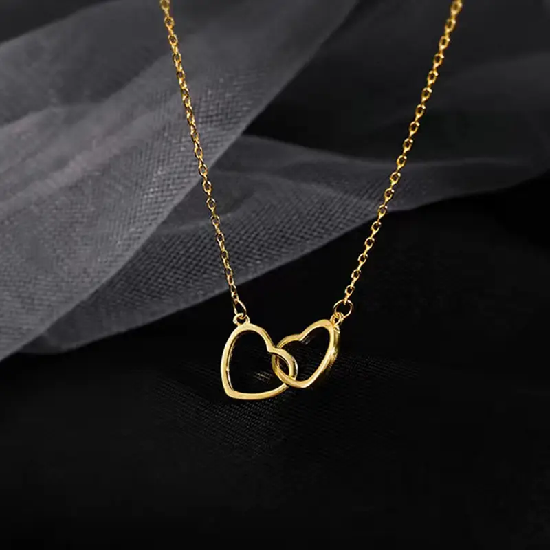 Fashion Stainless Steel Necklace For Women Hollow Double Heart Rose Gold Choker Pendant Necklace Engagement Jewelry