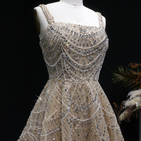 Robe de soirée courte de luxe Sharon Said SS649, ornée de perles, couleur champagne, avec volants et col carré en cristal, pour femmes, pour mariage ou soirée.