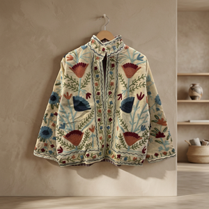 Chaqueta de Algodón con Bordado Floral para Mujer, Cuello Mandarín, Manga Larga, Ropa de Abrigo de Primavera, Estilo Boho, Patrón Suzani Hecho a Mano - Product Image 3