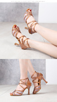 Chaussures de danse latine en satin et strass bronze doux, à talons hauts et brides croisées, pour femmes, sandales d'entraînement pour salsa et danse de salon