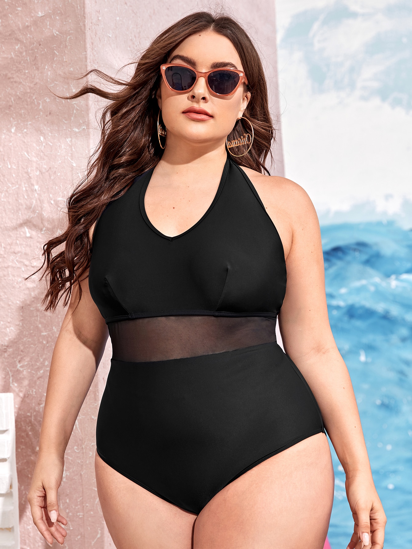 2022 new sexy one-piece solid color mesh splicing large women's Swimsuit Bikini plus fat plus size fat woman swimsuit