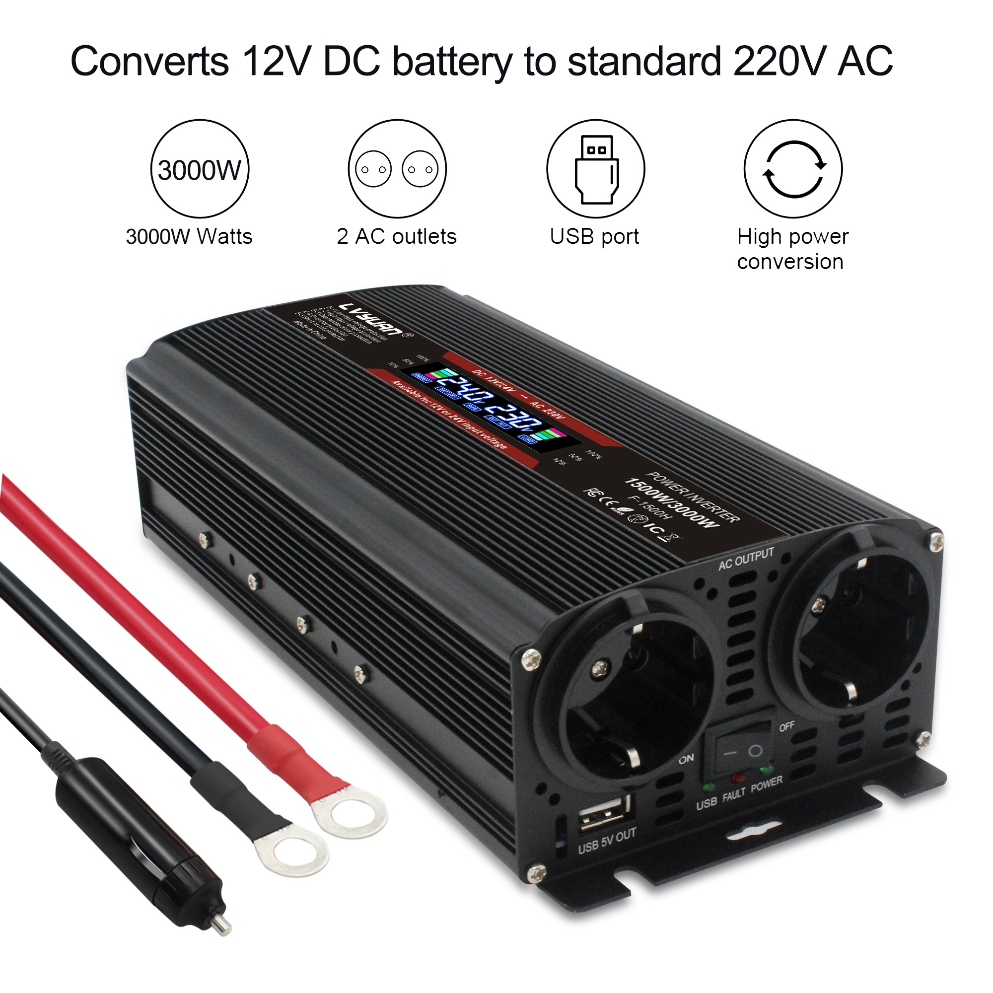 Convertisseur 24V/220V LVYUAN 1500W - 2 Prises UE + USB + Allume-Cigare - Écran LCD - Pour Camping/Caravane
