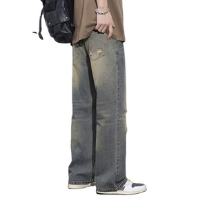 Pantalones vaqueros de mezclilla desgastados y rotos de estilo vintage americano para hombre, de pierna recta, holgados y a la moda, largos, para verano. - Product Image 3