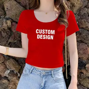여성 여성 슬림 핏 꽉 짧은 T 셔츠 디자인 탑 작물 도매 맞춤 재고 대한 사용자 정의 자르기