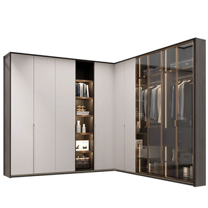 Armadio ad <span class=keywords><strong>angolo</strong></span> a forma di <span class=keywords><strong>L</strong></span>: porte in materiale misto, scaffalature aperte retroilluminate, nicchia di vanità integrata, moderna conservazione funzionale - Product Image 3