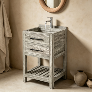 Farmhouse Style <b>Bathroom</b> Vanity <b>Cabinet</b> Dual Drawers Open Shelf Light Wood Finish <b>Floor</b> Standing Rectangular Design Ceramic - Product Image 3