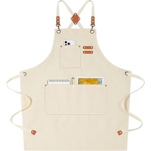 Tablier de chef crème en toile de coton 12 oz, résistant à l'eau, à bretelles croisées, avec poches surdimensionnées pour la cuisine - Product Image 1