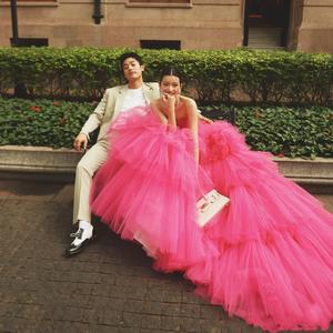 Pink Tulle Ball Gown Wedding Dress Sweetheart Neckline Natural Waistline Cake Skirt Style For Bridal Photography - Product Image 4