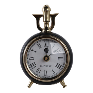 Orologio da Tavolo Rotondo ELEVARRE con Numeri Romani e Accenti Oro su Sfondo Nero, Stile Moderno Transizionale - Product Image 1