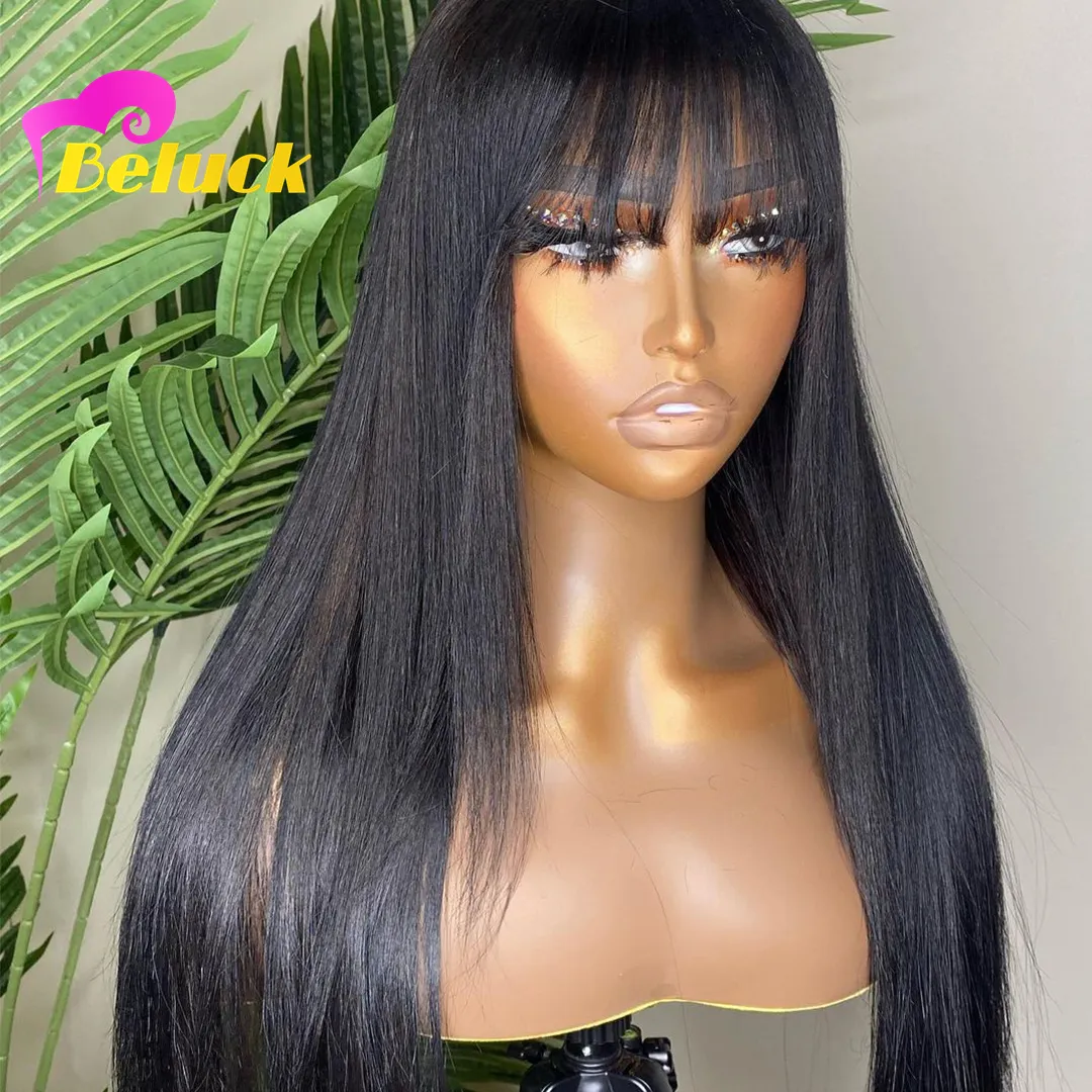 Straight Lace Front Wigs With Bangs Fringe Lace Front Human Hair Wigs For Women Brazilian 13x4 HD Lace Frontal Wig With Bangs