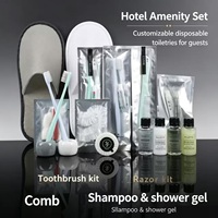 Ensemble complet d'articles de toilette pour hôtel, kit d'articles de toilette jetables personnalisables, pantoufles, brosse à dents, shampoing, gel douche, fournitures de salle de bain pour les clients