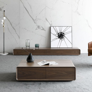 Mueble de TV y mesa de centro de madera de nogal estilo nórdico, conjunto moderno y sencillo para sala de estar con diseño de almacenamiento. - Product Image 1