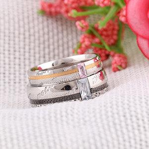 Fine <b>Rings</b> Couple <b>Set</b> Geometric Design Channel Setting Pink And Clear Stone Unisex Gift Jewelry - Product Image 3