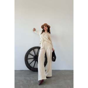 Elegant Women's Oxford <b>Shirt</b> And Pants 2-Piece Set Full Sleeve Casual Breathable Spring <b>Summer</b> Style - Product Image 3