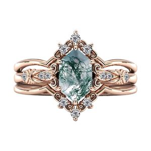 Joyería fina, anillo de circonita cúbica chapado en oro rosa de plata de ley 925, corona hexagonal geométrica, anillo de ágata musgo - Product Image 1