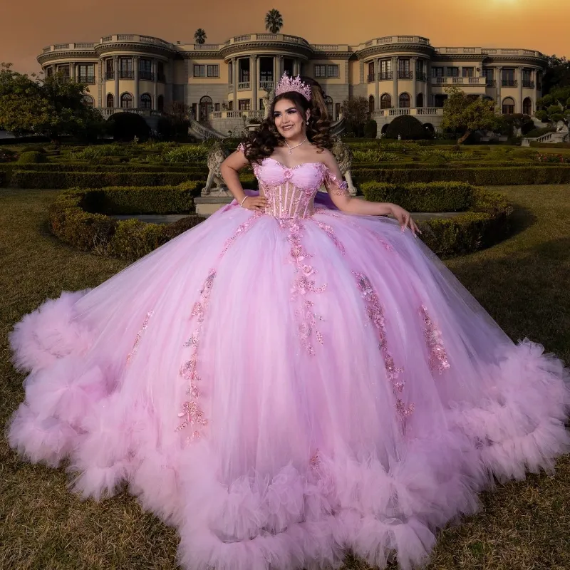 Ball Gown off Shoulder Applique Lace Beads Tiered Sweet 16 Dress