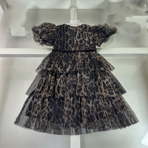 Abito da ballo in chiffon da <span class=keywords><strong>bambina</strong></span> di design con gonna a strati in rete con strass, maniche a sbuffo estive e stampa leopardata - Product Image 2