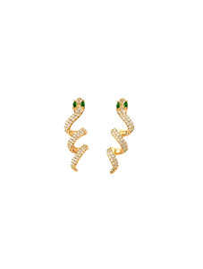 Orecchini a forma di serpente placcati in oro con pietre di zircone per donna, gioielli da festa, design alla moda a forma di animale - Product Image 1