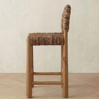 Tabouret de bar en bois massif avec dossier en jonc de mer tressé, style rétro, tabouret de comptoir haut pour bar à domicile et café