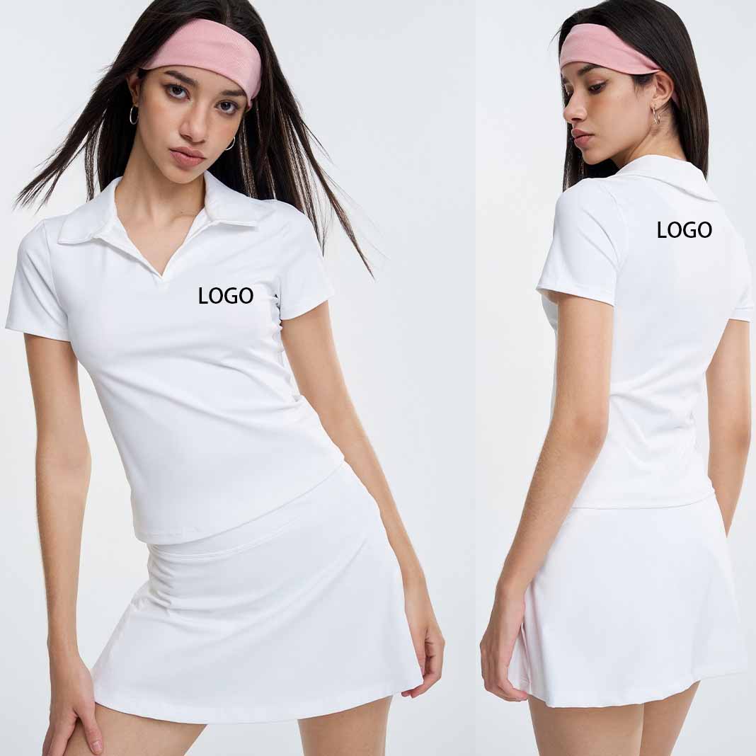 Custom LOGO Women Nylon and Spandex Tennis Polo Collar Short-sleeved Quick-drying Running Fitness Solid Color Yoga T-shirt