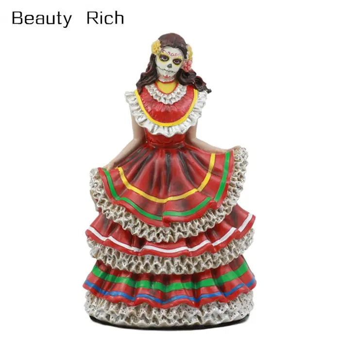 Dia De Los Muertos Tag der Toten Traditionelle Rote Kleid Tänzerin Statue Zuckers chädel Vivas Calacas Hochzeits figur