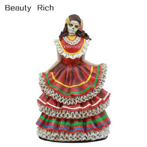 Estatua <span class=keywords><strong>de</strong></span> Bailarina con Vestido Rojo Tradicional del Día <span class=keywords><strong>de</strong></span> los Muertos, Calavera <span class=keywords><strong>de</strong></span> Azúcar, Vivas Calacas, Figura Decorativa para Bodas - Product Image 1