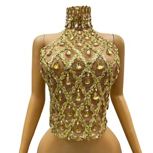 Traje de Danza con Temática de Canción Femenina para DJ, Estilo Gogo, Armadura Dorada, Ángulo Plano, Elástico, Corto, para Escenario, Talla Única, para Ballet - Product Image 1