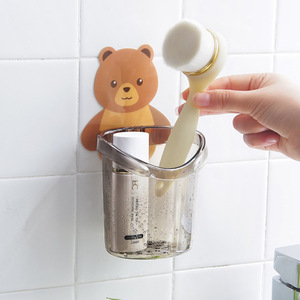 Bear <b>Toothbrush</b> Cup <b>Wall</b> <b>Mounted</b> Double <b>Holder</b> Suction Cup Plastic Bathroom Storage Rack Toothpaste <b>Holder</b> - Product Image 2