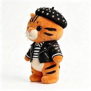 Peluche de Gato Naranja Estilo <span class=keywords><strong>Rock</strong></span> con Chaqueta de Cuero PU y Boina con Remaches, Juguete de Peluche de Gato Adorable - Product Image 4