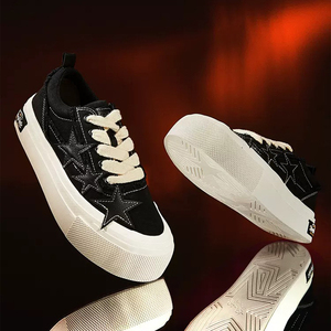 <b>Black</b> Platform Skate Shoes Star Patch Raw Fringe Canvas <b>Sneakers</b> With Thick White Sole - Product Image 4
