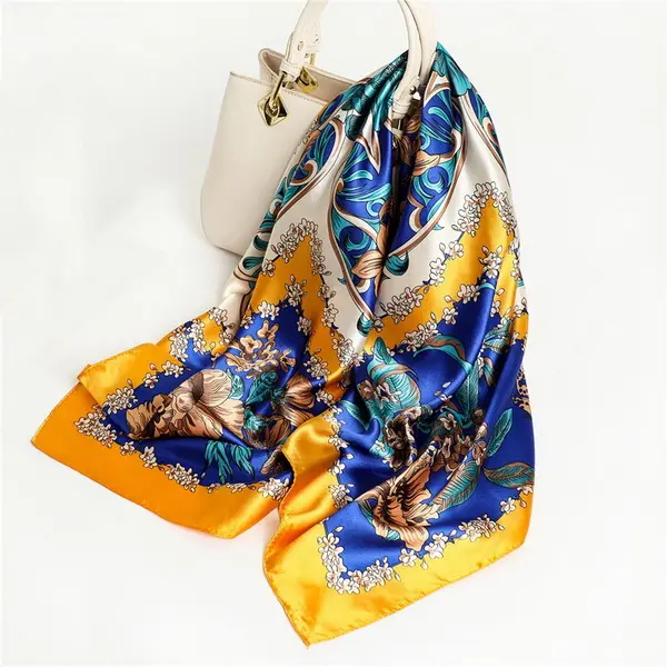 Dames Vintage Etnische 90Cm Vierkante Sjaal Zakdoek Bloemenblad Ontwerp Kleurrijke Custom Printing Dames Vierkante Zakdoek