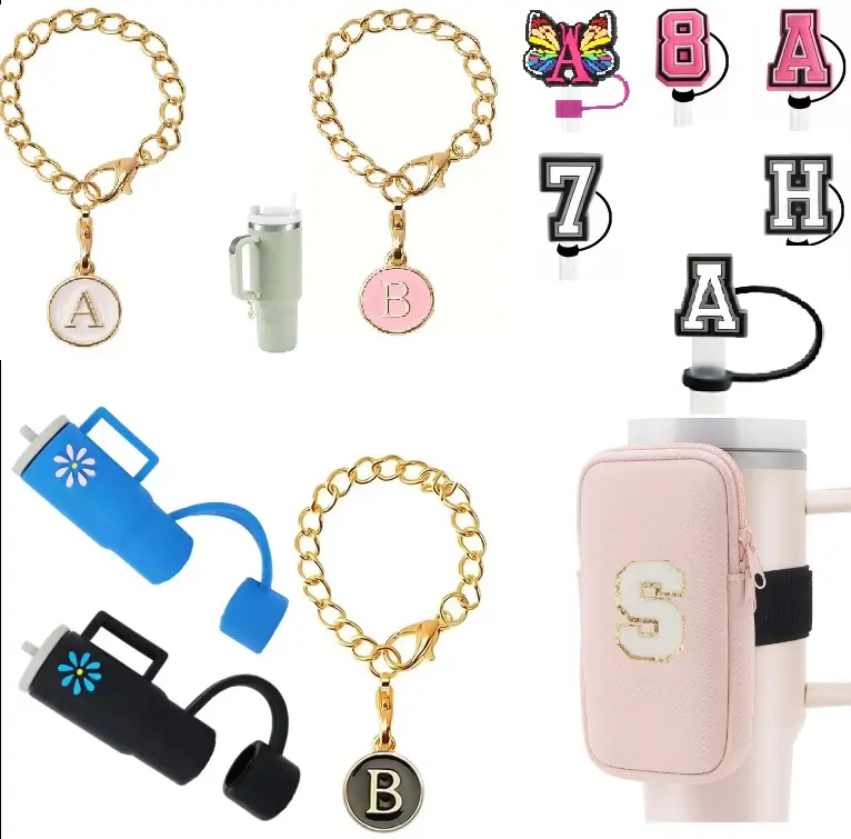 Accesorios personalizados para tazas de 30 y 40 Oz, abalorios con letras, nombre, identificación, letra inicial, número, vaso, cubierta de paja y bolsa para tazas, 30 y 40 onzas